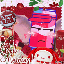 a picture of a can of cherry cola and a bottle cap that says cherry cola