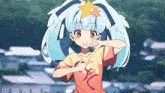 a girl with blue hair and a star on her head is wearing a shirt that says ' s ' on it