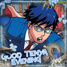 a picture of a man in a suit and tie with the words " good tenya evening "