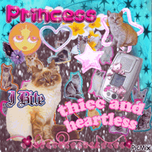 a collage of cats with the words princess i bite thick and heartless on the bottom