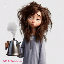 a cartoon girl is holding a kettle with steam coming out of it and the name irisnova is on the bottom
