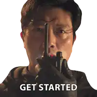 a man holding a gun with the words get started written on the bottom