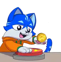 a cartoon cat is holding a gold coin with a fox on it