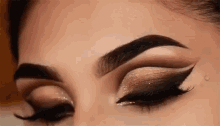 a close up of a woman 's eye with makeup on it .