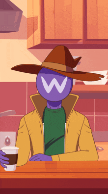 a cartoon character with a w on his head is holding a cup of coffee
