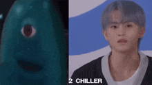 a close up of a green object next to a close up of a man 's face with the words 2 chiller below it