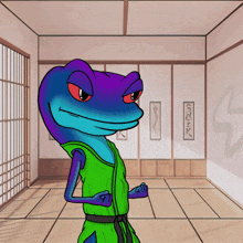 a cartoon of a lizard in a green and purple outfit