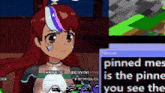 a cartoon girl with red hair is standing in front of a computer screen with the words pinned mes is the pinne you see the .