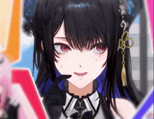 a close up of a girl 's face with red eyes