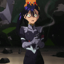 a cartoon character with a robot on her head holding a gun