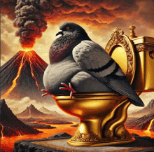 a pigeon is sitting on a golden toilet with a volcano in the background