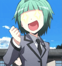 a girl with green hair and a suit has a star in her eye