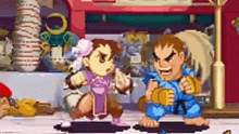a couple of cartoon characters are fighting each other in a video game .