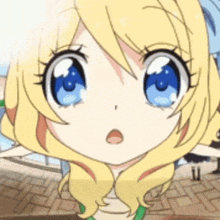 a close up of a blonde anime girl with blue eyes and a surprised look on her face