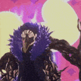 a cartoon character with a mask on his face is standing in front of a pink background .