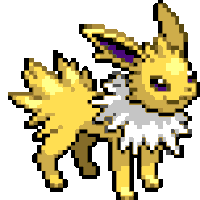 a pixel art drawing of a yellow eevee with purple ears .
