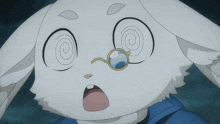 a close up of a cartoon character with a blue jacket