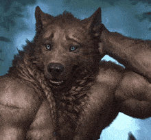 a painting of a wolf with blue eyes