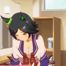 a cartoon girl with horns is standing in front of a shelf .