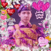 a picture of a soldier with pink hearts and the words love you love love