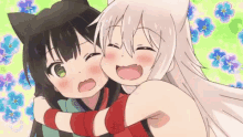 a couple of anime girls hugging each other with flowers in the background .