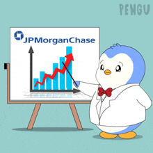 a penguin stands in front of a jpmorgan chase board