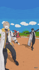 a group of anime characters are dancing in a field with a blue sky in the background