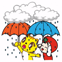 yellow cat tomato costume friends umbrella rain