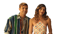a man and a woman are standing next to each other on a white background . the woman is wearing a halter top .