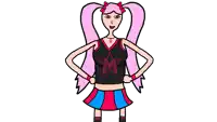 a cartoon drawing of a cheerleader with pink hair and a black top with a star on it
