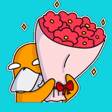 a cartoon character holding a bouquet of flowers