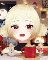 a girl with blonde hair is sitting at a table with a cup of hot chocolate and a snowman