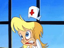 a cartoon nurse has a white hat with a red cross on it