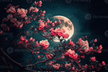 a full moon is shining through a cherry blossom tree .