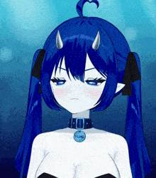 a girl with blue hair and horns is wearing a choker that says deimai on it