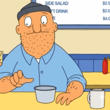 a cartoon man is sitting at a table with a cup in front of a sign that says side salad and soft drink