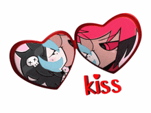 a couple of hearts with the word kiss in red