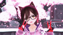 a girl with cat ears and glasses is wearing a pink hoodie and giving a peace sign .