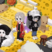 a group of cartoon characters are standing next to each other on a yellow background