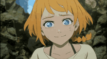 a girl with orange hair and blue eyes is smiling in front of a rock wall