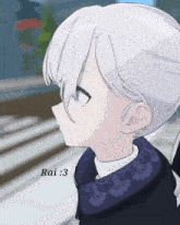a drawing of a girl with white hair and rai : 3 written on the bottom