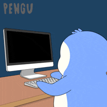 a cartoon penguin is typing on a keyboard in front of a computer screen that says pengu on the bottom
