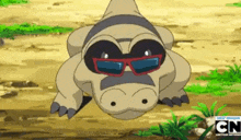 a cartoon crocodile wearing sunglasses and a mustache is laying in the dirt .