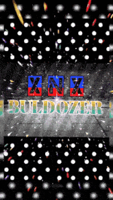 a xnx buldozer logo is surrounded by white polka dots