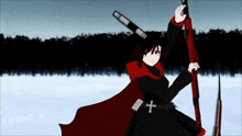 a girl in a red cape holding a sword with a cross on her belt