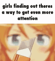 a girl is looking at a knife in front of her face .