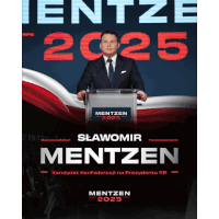 a man in a suit and tie stands at a podium in front of a poster that says mentzen 2025