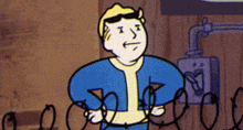 a cartoon of a man in a blue jacket holding a barbed wire fence