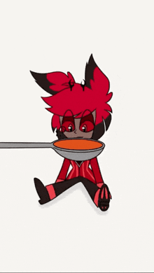 a cartoon character with red hair and black eyes is sitting down holding a spoon in his mouth .