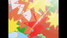 a colorful background with a cartoon character and a bunch of triangles
